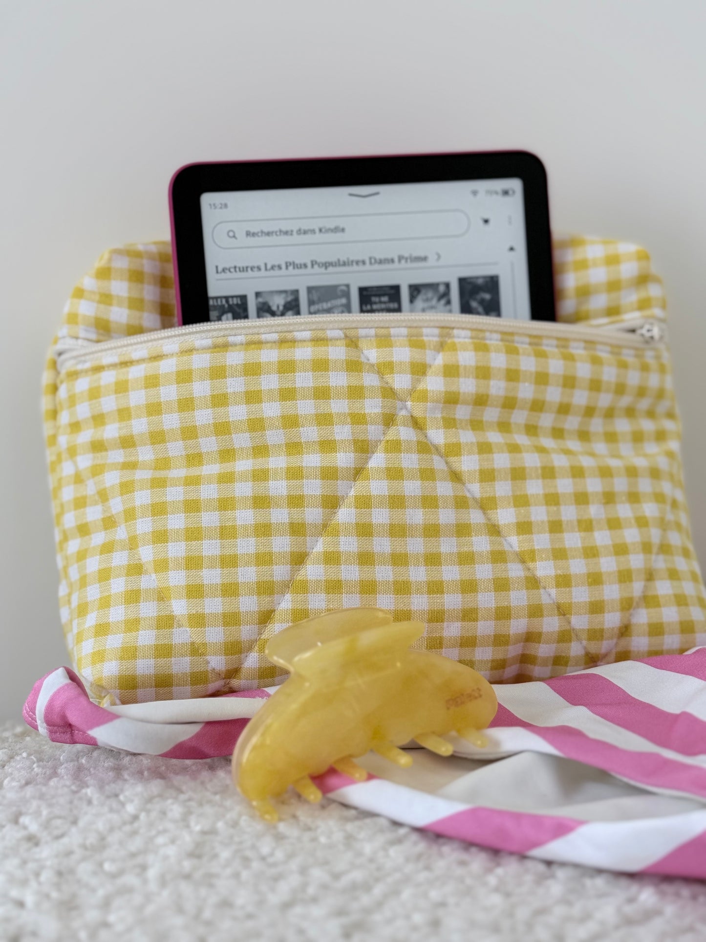 Pochette livre & liseuse Kindle Louise – Vichy jaune