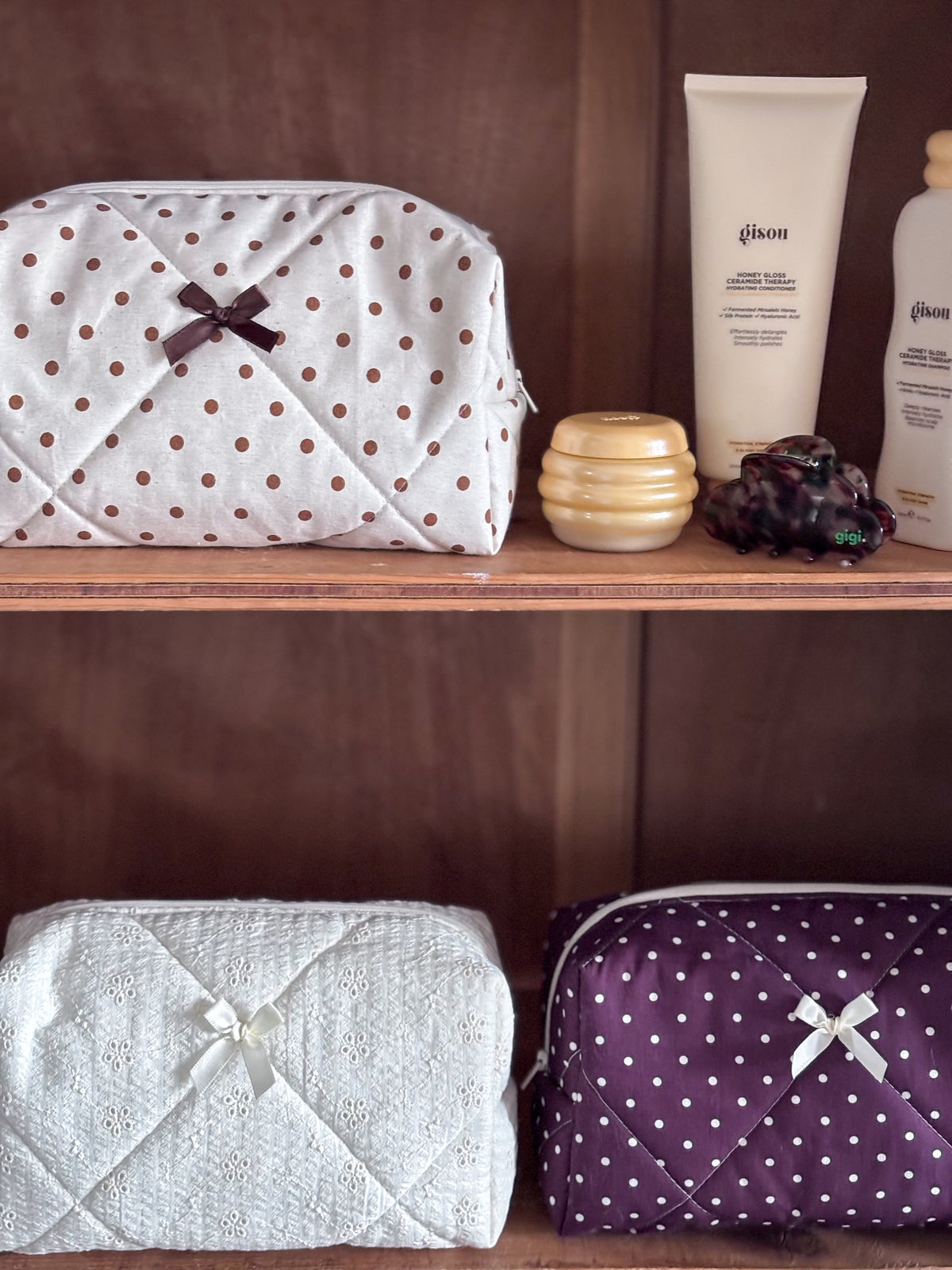 Trousse beauté matelassée écrue pois marron – Alma