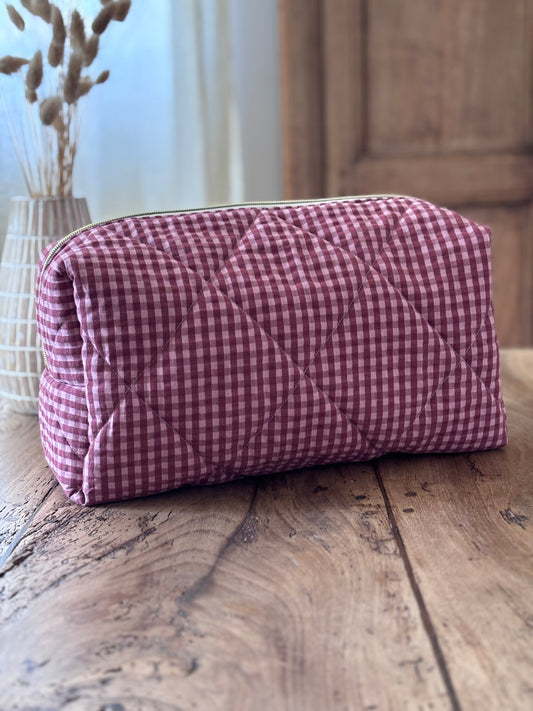 Trousse Zoé - trousse vichy bordeaux et rose matelassée pour Dyson Airwrap et Sharke Flexstyle