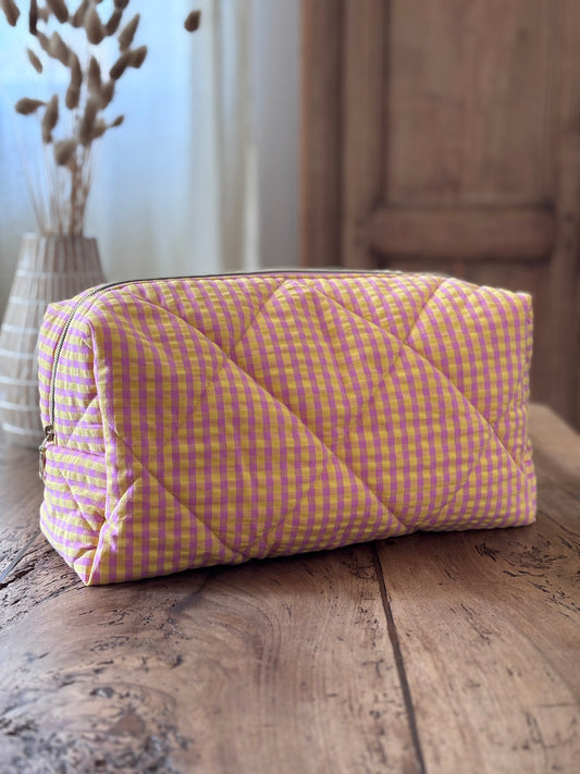 Trousse Zoé - trousse vichy jaune et rose matelassée pour Dyson Airwrap et Shark flexstyle