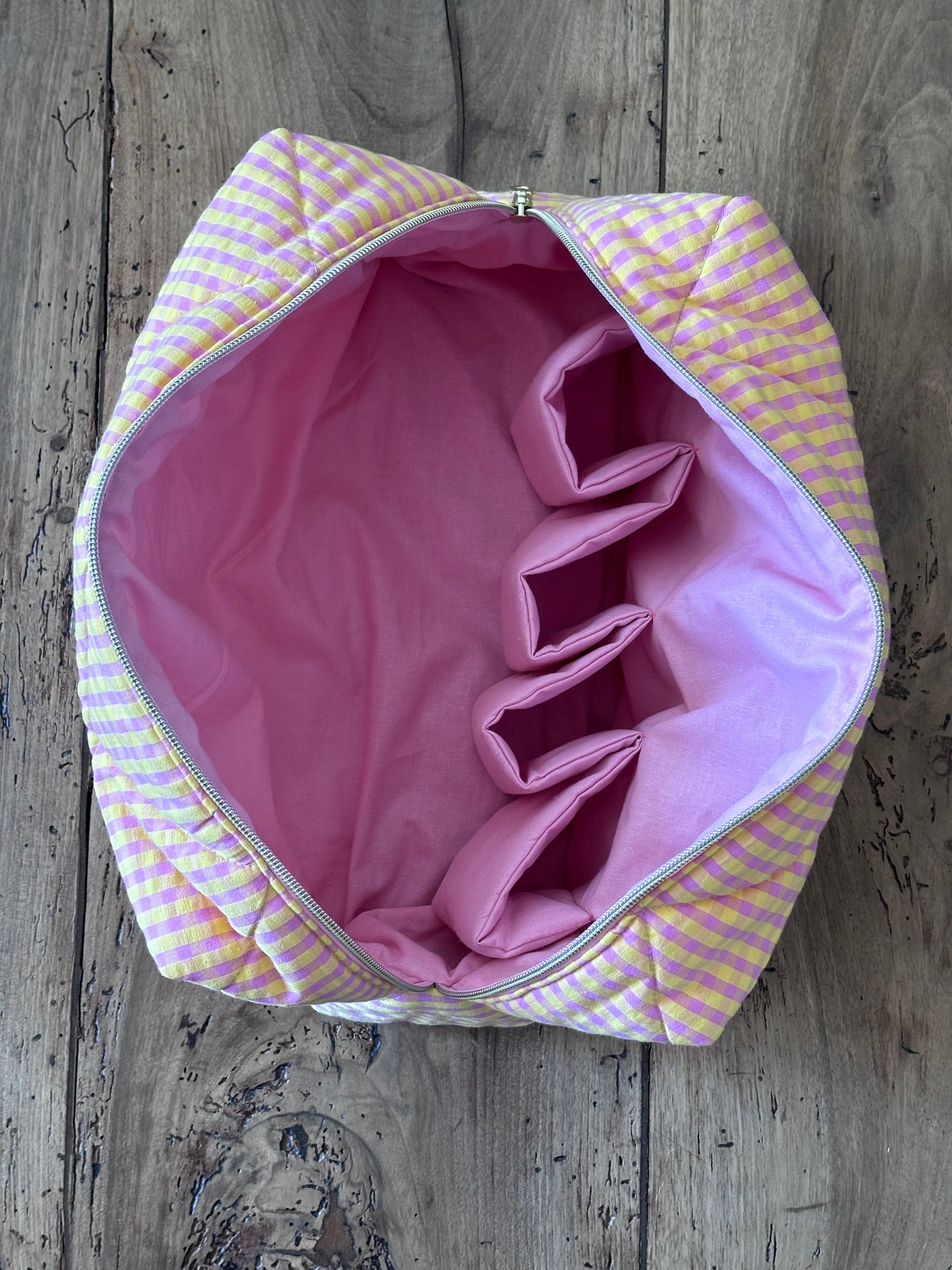 Trousse Zoé - trousse vichy jaune et rose matelassée pour Dyson Airwrap et Shark flexstyle