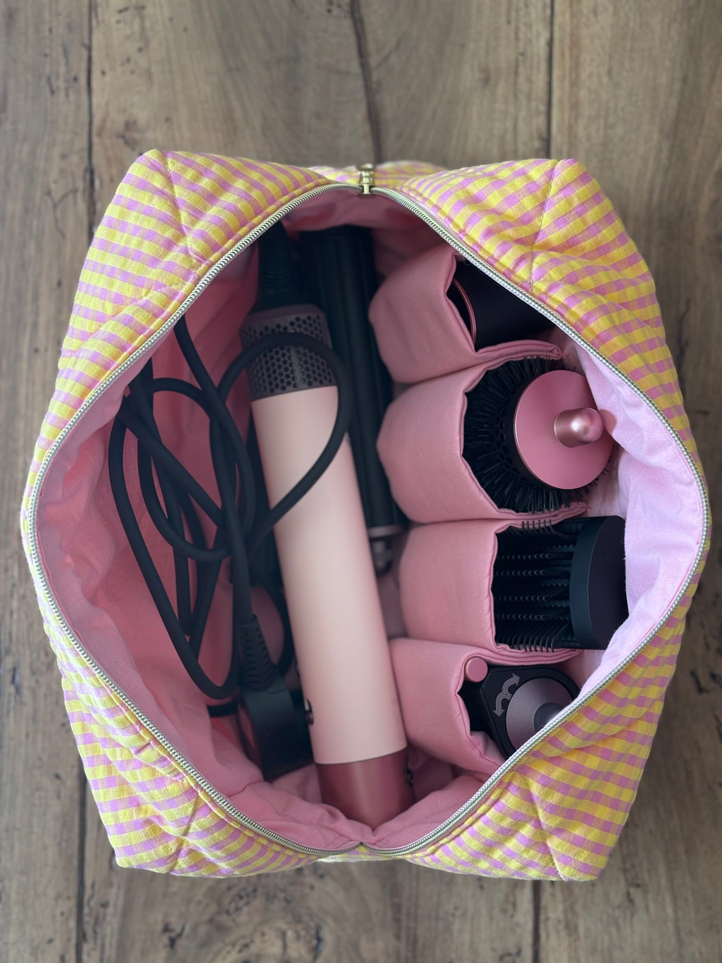 Trousse Zoé - trousse vichy jaune et rose matelassée pour Dyson Airwrap et Shark flexstyle