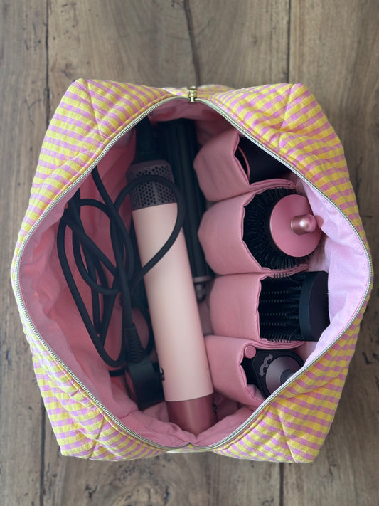 Trousse Zoé - trousse vichy jaune et rose matelassée pour Dyson Airwrap et Shark flexstyle