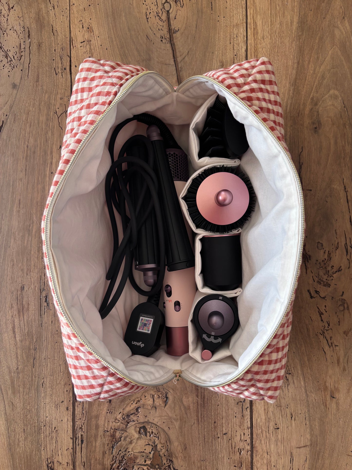 Trousse Zoé - trousse vichy caramel matelassée pour Dyson Airwrap et Shark flexstyle