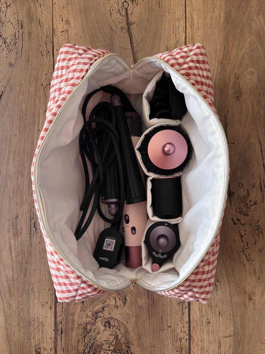 Trousse Zoé - trousse vichy caramel matelassée pour Dyson Airwrap et Shark flexstyle