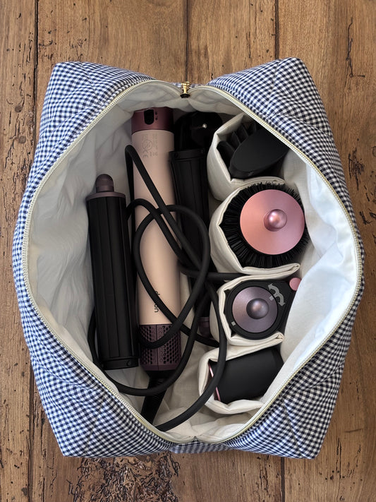 Trousse Camille - trousse vichy marine matelassée pour Dyson Airwrap et Sharkflextyle