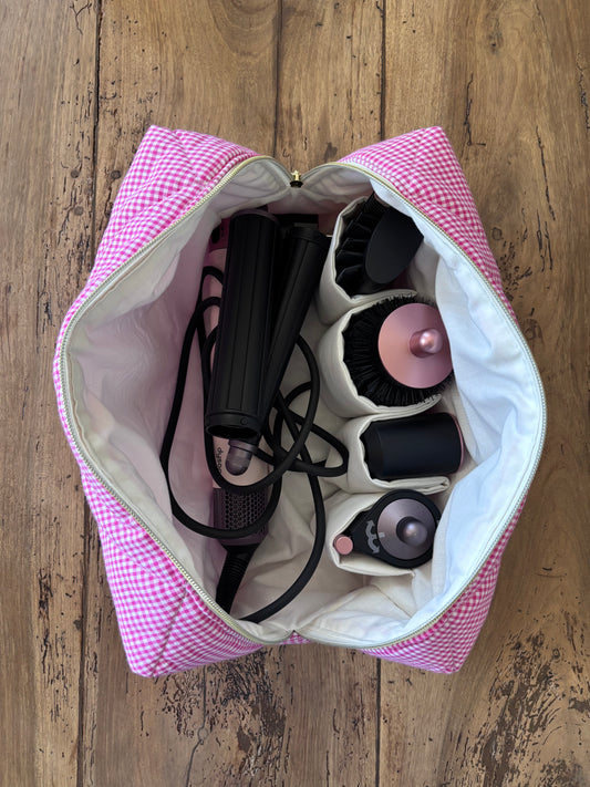 Trousse Camille - trousse vichy rose matelassée pour Dyson Airwrap et Sharkflextyle