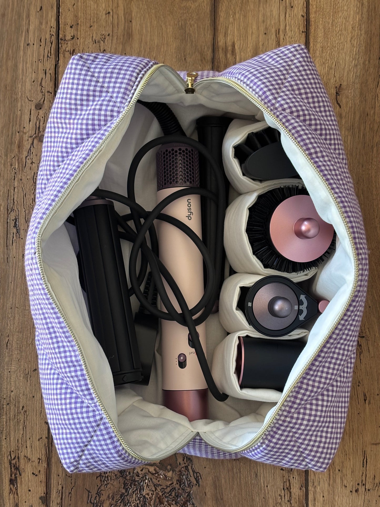 Quilted Pouch for Dyson Airwrap and Shark FlexStyle – Light Pink Gingham