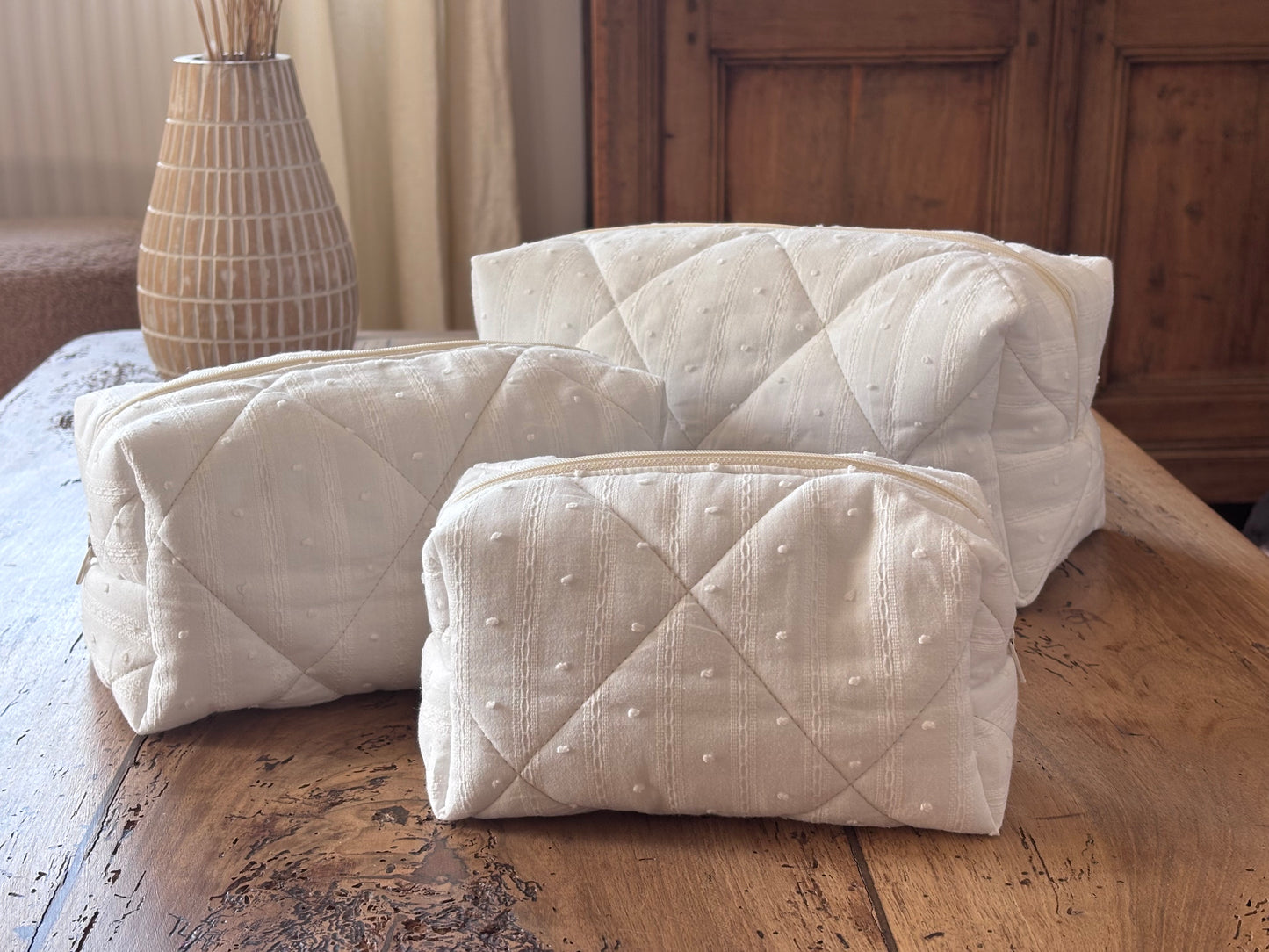 Trousse beauté matelassée Broderie Ecrue