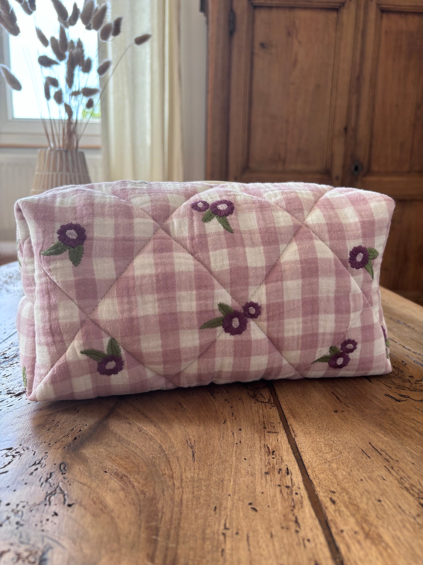 Trousse beauté matelassée Vichy Mauve Brodée