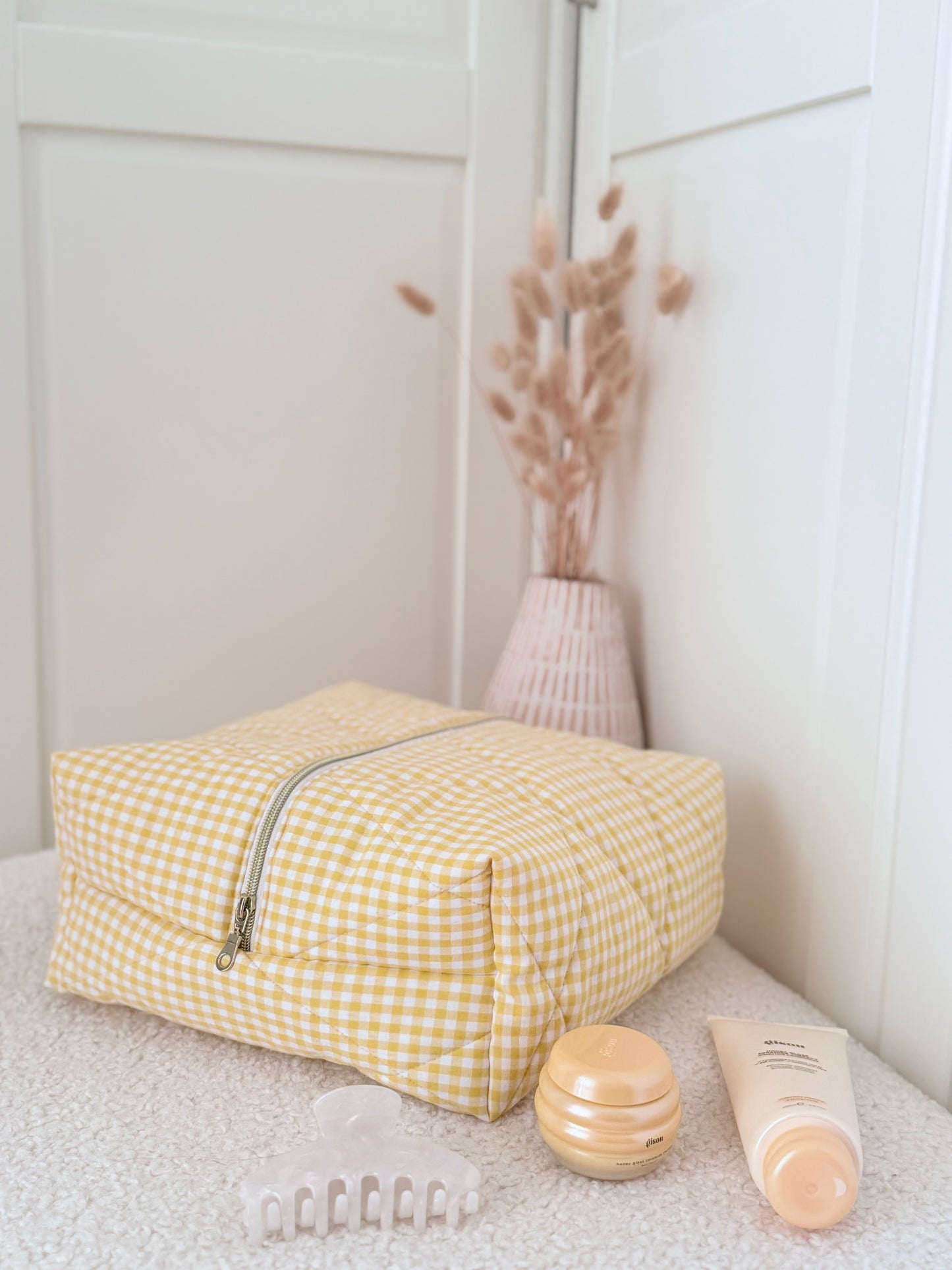 Trousse Louise – Trousse matelassée vichy jaune pour sèche-cheveux GHD Helios