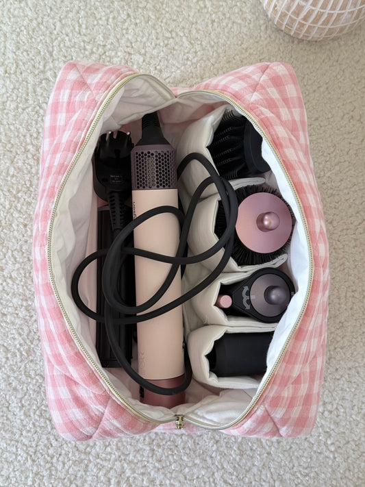 Trousse Lou - trousse vichy rose bonbon matelassée pour Dyson Airwrap et Shark FlexStyle