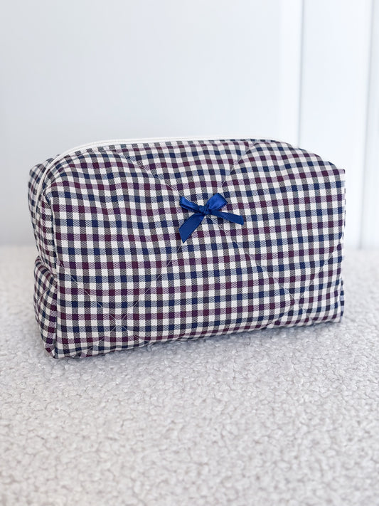 Trousse beauté matelassée à carreaux marine, prune et écru – Bérénice